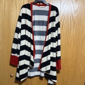 Jade by Jane Black and Cream Striped Cardigan with Rust Trim and Pockets